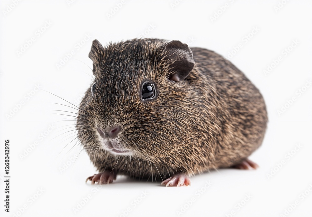 Adorable close-up portrait of a guinea pig with brown and black fur, looking curiously at the camera against a clean white background Adorable close-up portrait of a guinea pig with brown and black fur, looking curiously at the camera against a clean white background