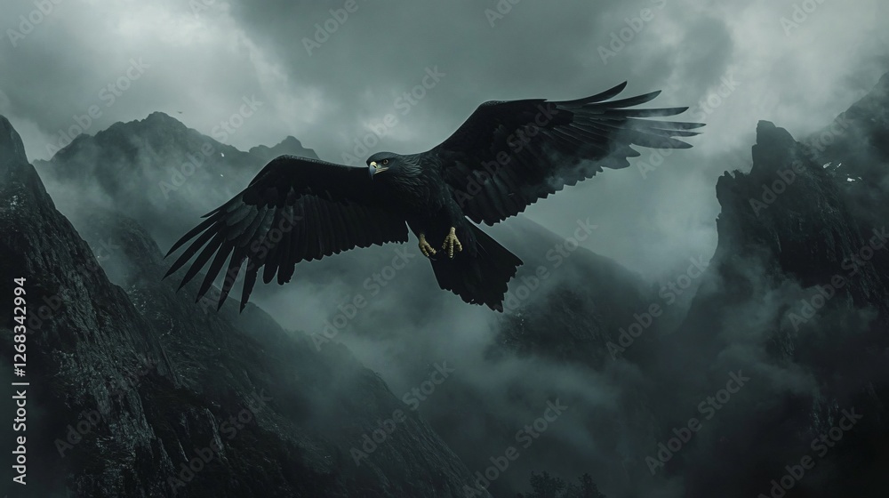 Majestic Black Eagle Soaring Above Misty Mountains Majestic Black Eagle Soaring Above Misty Mountains