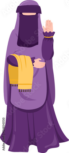Purple Niqab Woman Waving, Holding Yellow Shawl