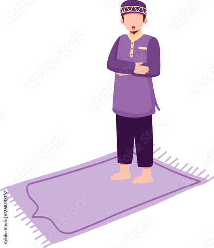 Muslim Man in Prayer, Isometric Illustration, Lavender Tones