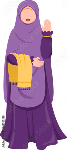 Purple Abaya with Yellow Shawl, Muslim Woman Gesturing