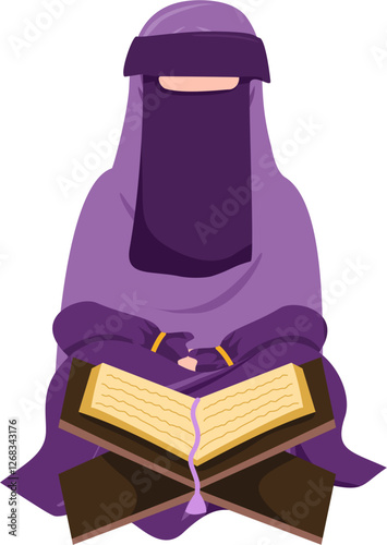 Serene Muslim Woman in Purple Niqab Reading Quran