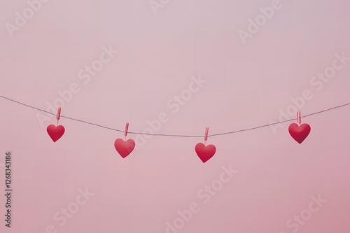 Romantic Pink Background with Four Red Hearts Hanging on a Line Valentine s Day Concept