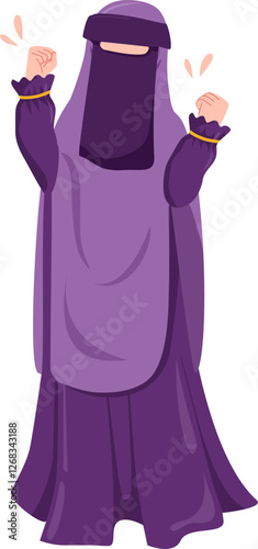 Joyful Woman in Lavender Niqab, Celebratory Pose