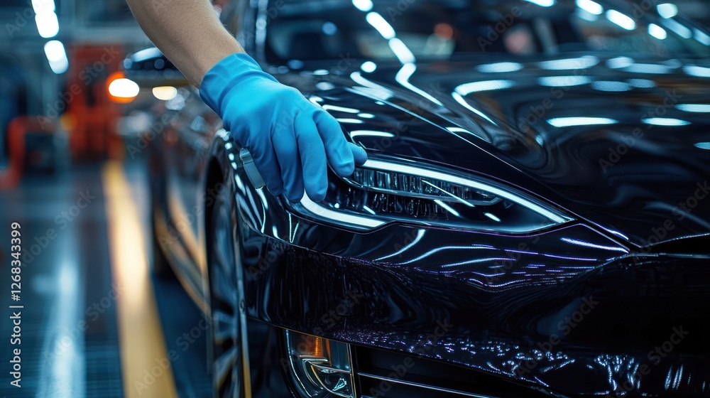 Factory worker inspecting electric car headlight Factory worker inspecting electric car headlight