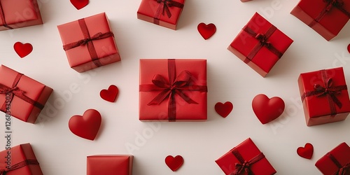 Romantic Valentine s Day Gift Boxes and Hearts Red Presents Flat Lay Festive Background
