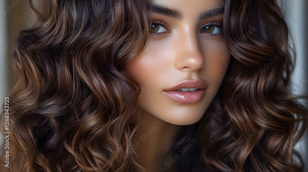 Young mixed race woman with glossy wavy brown hair, natural makeup, and glowing skin against dark background. Professional beauty portrait for hair and cosmetic advertising. Young mixed race woman with glossy wavy brown hair, natural makeup, and glowing skin against dark background. Professional beauty portrait for hair and cosmetic advertising.