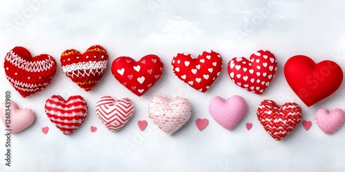 Valentine s Day Hearts Red and Pink Fabric Hearts Arranged on White Background