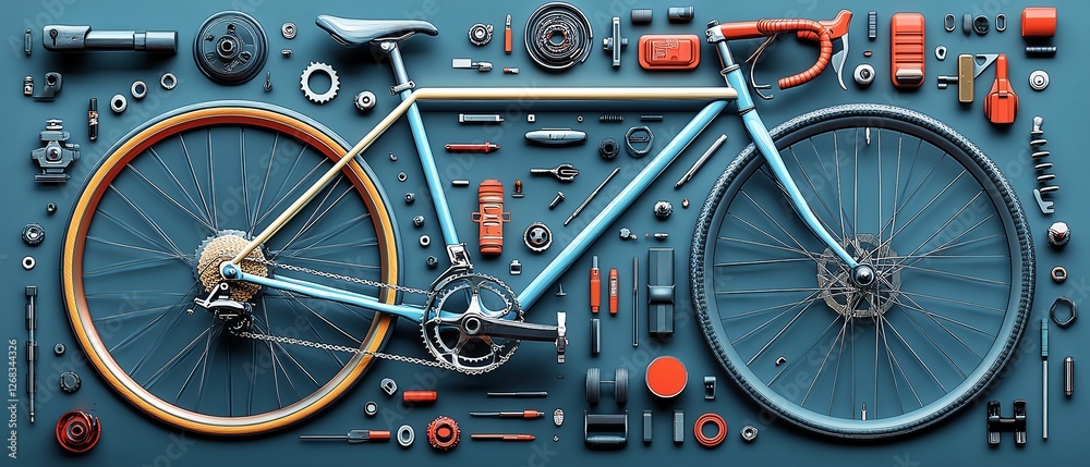 Obraz premium Aesthetic top view of a bicycle, parts neatly laid out in detailed illustration, showing wheels, frame, pedals, handlebars, and gears, vibrant and artistic generative AI design