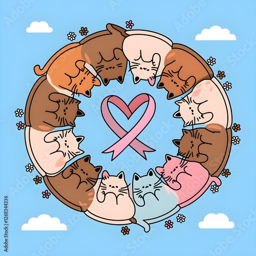 Adorable cat in heart shaped frame with floral accents vector illustration