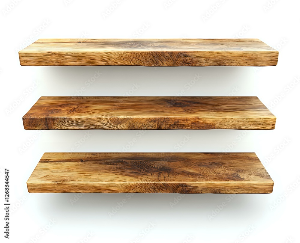 Obraz premium Rustic wooden floating shelves with natural wood grain pattern and live edge design isolated on white background for interior decoration and storage.