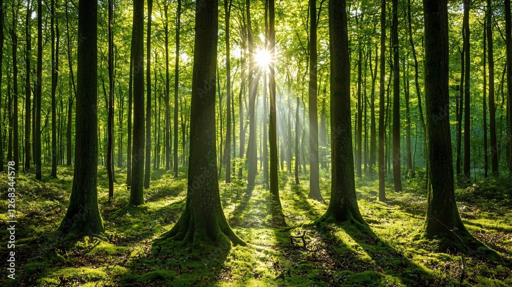 Fototapeta premium Sun rays illuminating a lush green forest with mossy ground.
