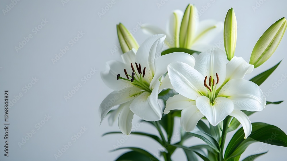 Fototapeta premium Delicate White Lilies Blooming on Plain Background with Serene Floral Arrangement