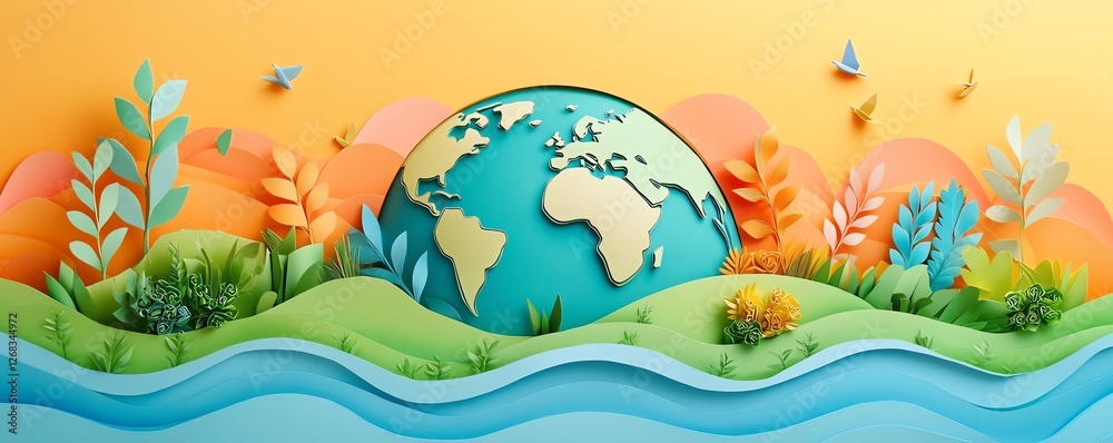 Naklejka premium Creative paper art collage of the world globe, ecofriendly theme, vibrant and colorful pop design, humanity and nature, graphic poster for wallpaper and background mockup