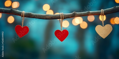 Romantic Valentine s Day Hearts Hanging on Branch with Bokeh Lights