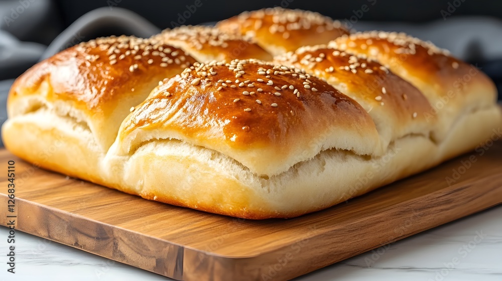 Freshly Baked Soft Bread Rolls with Sesame on Wooden Cutting Board Freshly Baked Soft Bread Rolls with Sesame on Wooden Cutting Board