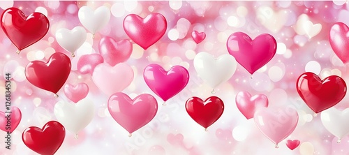 Romantic Pink and Red Heart Balloons Floating on a Sparkling Background Valentine s Day Concept