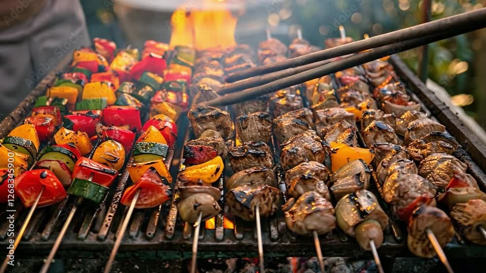 Sizzling Summer Kebabs:  A close-up view of sizzling kebabs, with colorful peppers and meat grilling to perfection on a hot grill. The aroma of grilling meat fills the air.