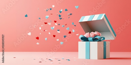 Open Gift Box with Pink Roses Hearts Confetti Romantic Valentine s Day Present