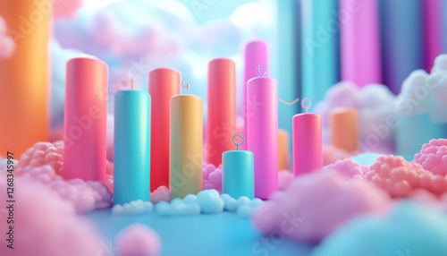 Pastel Colored Cylinders in a Dreamlike Candy Floss Landscape