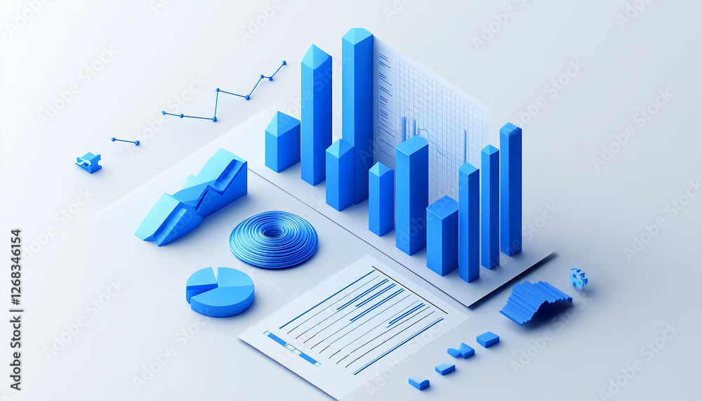 Fototapeta premium Abstract 3D Isometric Representation of Financial Data Charts and Graphs