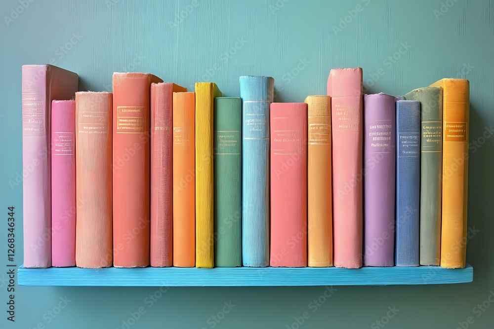 Row of colorful hardcover books standing on blue shelf against turquoise wall, arranged in pastel pink, orange, yellow and blue spines creating rainbow effect. Row of colorful hardcover books standing on blue shelf against turquoise wall, arranged in pastel pink, orange, yellow and blue spines creating rainbow effect.