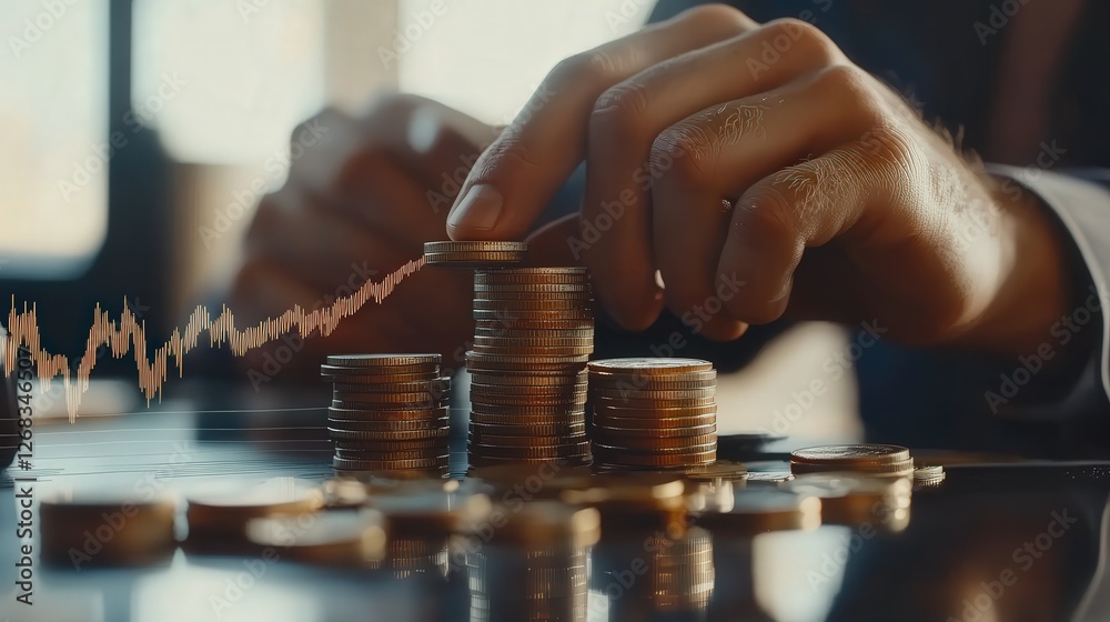 businessman stacking coins while a graph of profit trends upwards, highlighting business success and strategic financial planning businessman stacking coins while a graph of profit trends upwards, highlighting business success and strategic financial planning