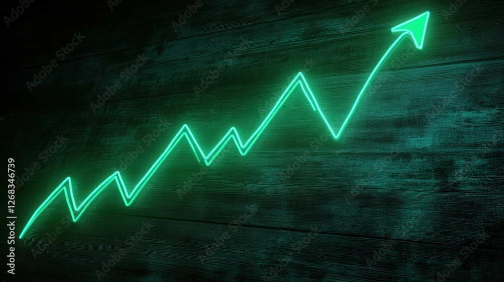Naklejka premium green Bitcoin value graph displayed on a neon sign, with a line trending upwards to signify increasing cryptocurrency value.