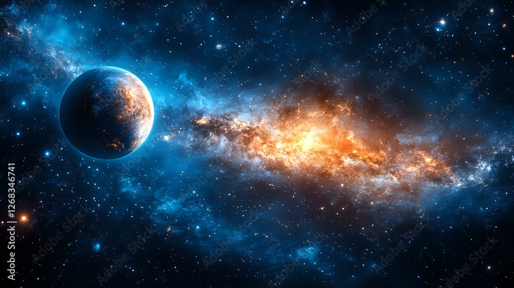 Fototapeta premium Against vibrant nebula and starfield background in deep space, featuring blue and orange galaxy colors.