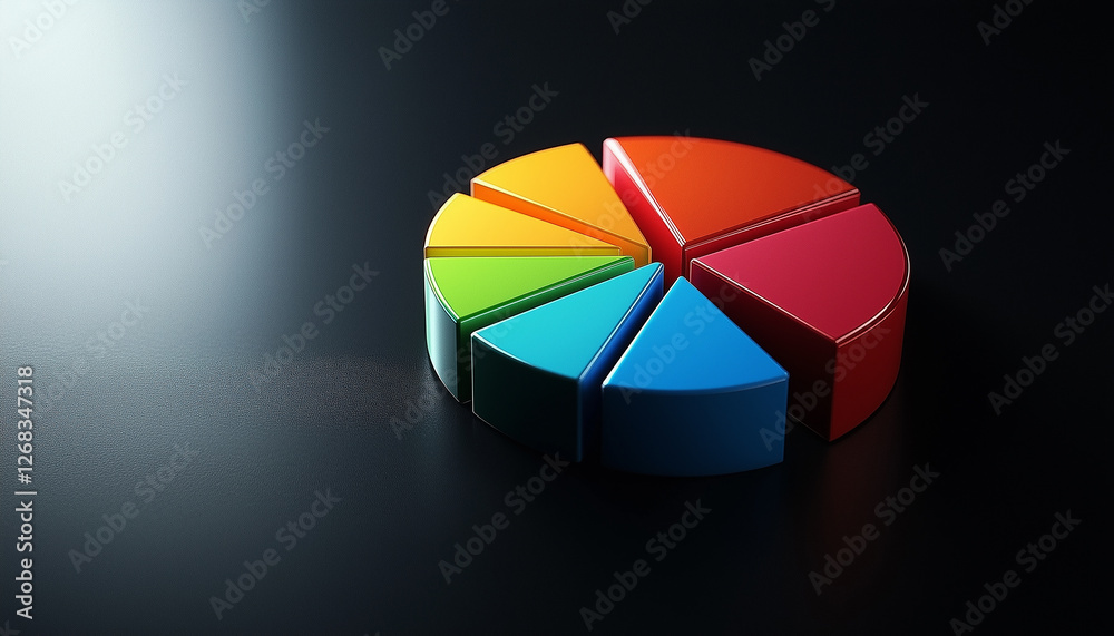 Obraz premium A vibrant 3D pie chart showcasing data segments in various colors on a dark background