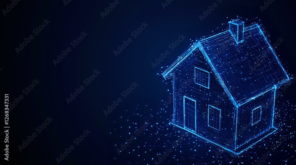 Glowing blue wireframe house model with digital particles on dark background, representing smart home technology and real estate innovation. Glowing blue wireframe house model with digital particles on dark background, representing smart home technology and real estate innovation.