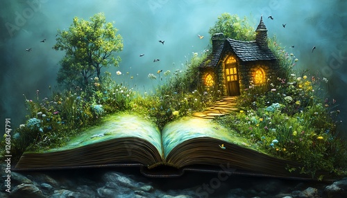 Whimsical children s illustration of a book leading to a dreamlike world, imagination and education theme, surreal art, vibrant colors, creative and inspiring atmosphere photo