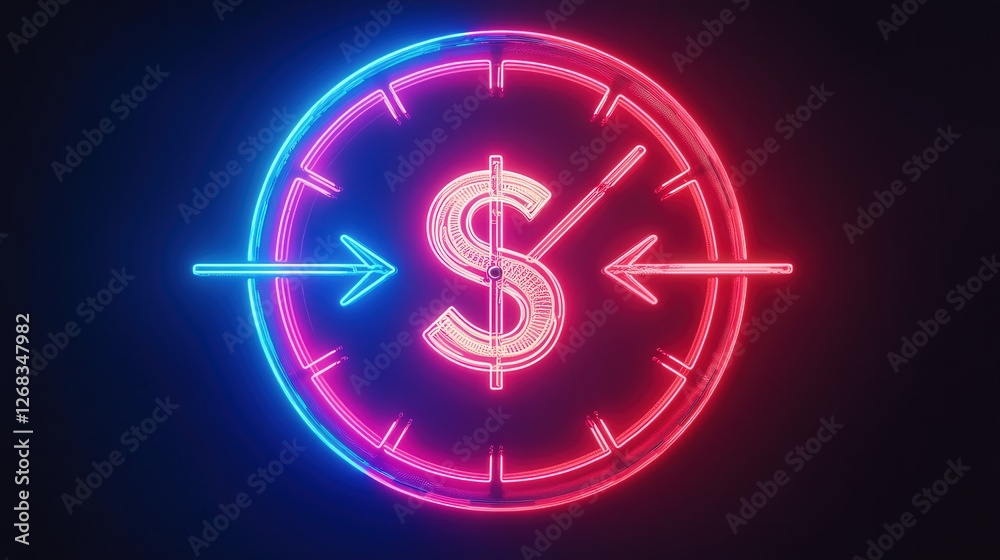 neon clock with a dollar sign and two arrows, emphasizing the need for smart time management to increase wealth