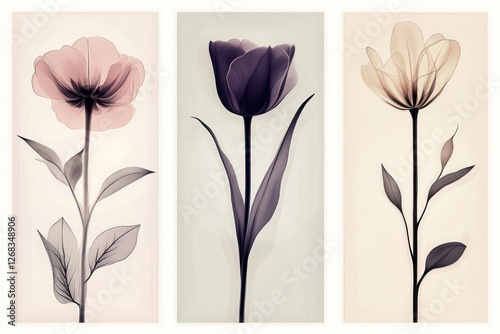 Wallpaper Mural Set of minimalist vertical posters featuring delicate full color flowers drawn in smoky line art style, each poster highlighting a single bloom like a rose, tulip, and daisy, with soft neutral  Torontodigital.ca