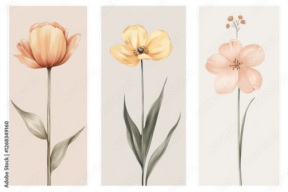 Set of minimalist vertical posters featuring delicate mix color flowers drawn in smoky line art style, each poster highlighting a single bloom like a rose, tulip, and daisy, with soft neutral Set of minimalist vertical posters featuring delicate mix color flowers drawn in smoky line art style, each poster highlighting a single bloom like a rose, tulip, and daisy, with soft neutral