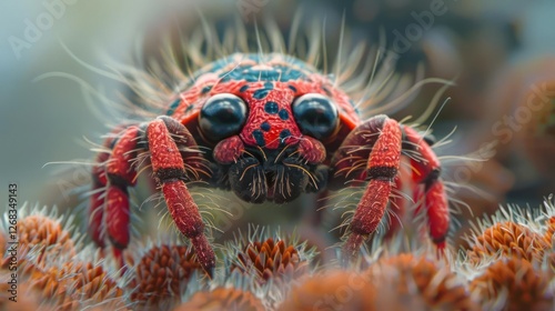 A close-up of a red spider with black spots and long hairs on its legs photo