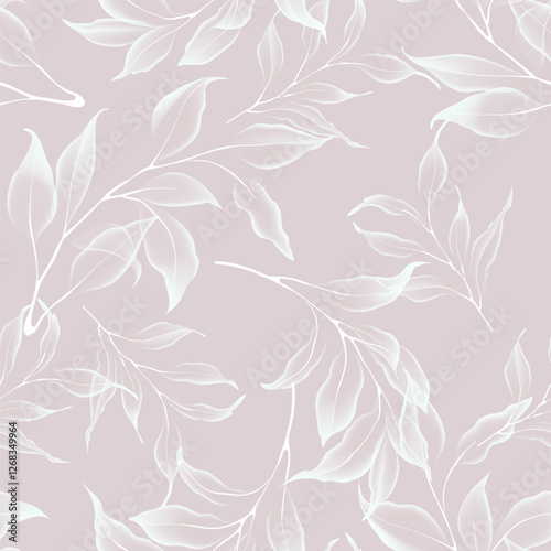 Floral seamless pattern features translucent white leaves on a mauve background. The leaves appear ethereal and overlapping, creating a light and airy design