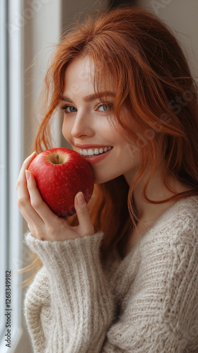 Red haired woman eating an ...