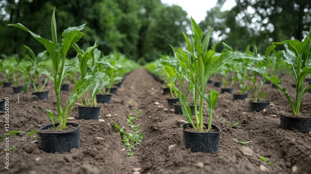 Young corn plants growing in field, forest background, agriculture Young corn plants growing in field, forest background, agriculture