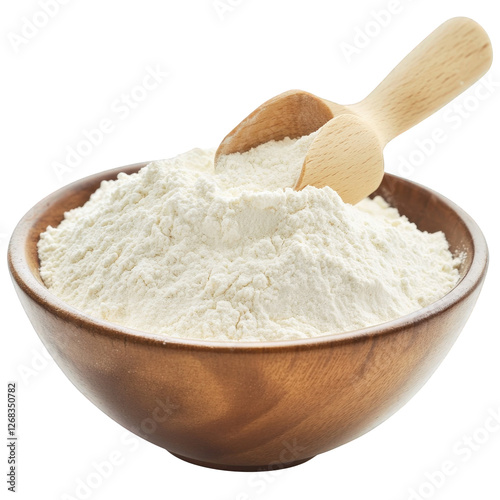 A bowl of flour with a wooden scoop, transparent background, PNG