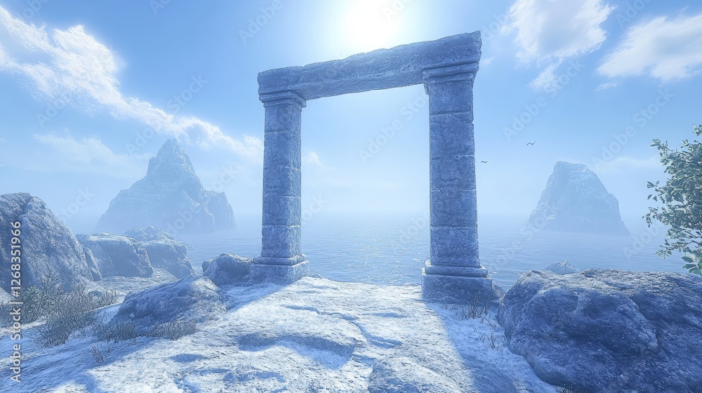Large rock arch formation with open doorway in a desolate rocky landscape under a clear blue sky Large rock arch formation with open doorway in a desolate rocky landscape under a clear blue sky