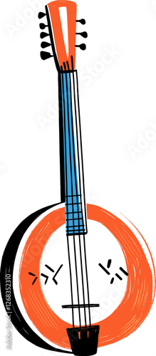 Unique illustrated banjo with vibrant colors cartoon isolated on transparent background. Vector illustration.