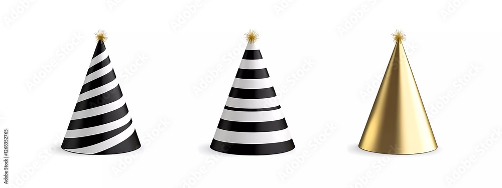 3D realistic New Year party hat set illustration, in black, white, and gold colors, in a clipart style, isolated on a pure white background 3D realistic New Year party hat set illustration, in black, white, and gold colors, in a clipart style, isolated on a pure white background