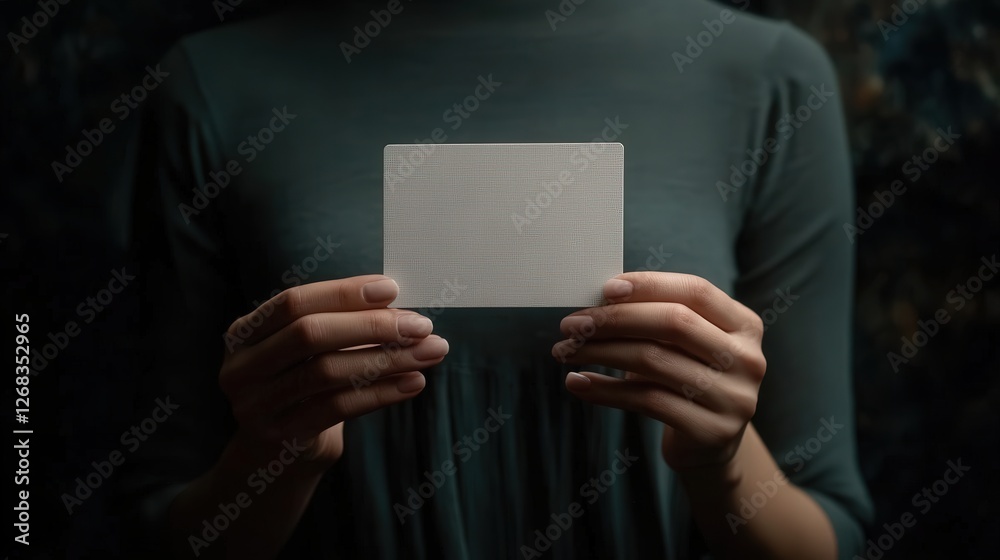 woman hands holding an empty card against a dark, artistic background, ideal for adding custom content or branding. woman hands holding an empty card against a dark, artistic background, ideal for adding custom content or branding.