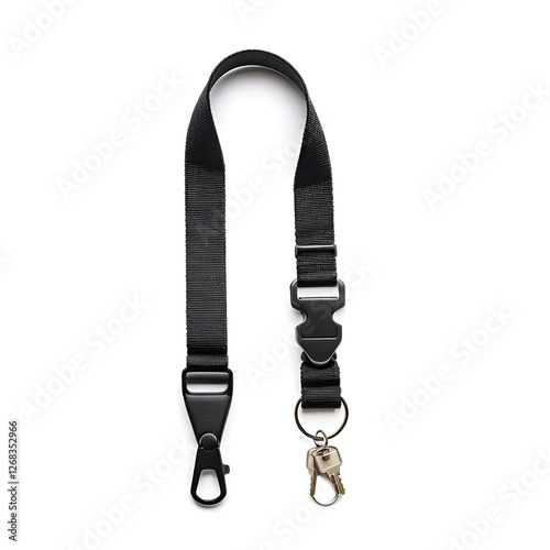 Black lanyard with a detachable buckle and a loop for holding small items, isolated on a white background, ideal for keys, ID badges, or small electronic devices photo