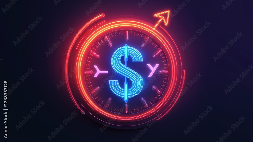 Neon clock icon with a money sign and two arrows, showing the balance of time management and financial gain. Neon clock icon with a money sign and two arrows, showing the balance of time management and financial gain.