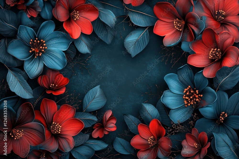 A beautiful 3D floral pattern of azure and crimson flowers with mysterious details, set against a dark cyan background for a dramatic effect. A beautiful 3D floral pattern of azure and crimson flowers with mysterious details, set against a dark cyan background for a dramatic effect.