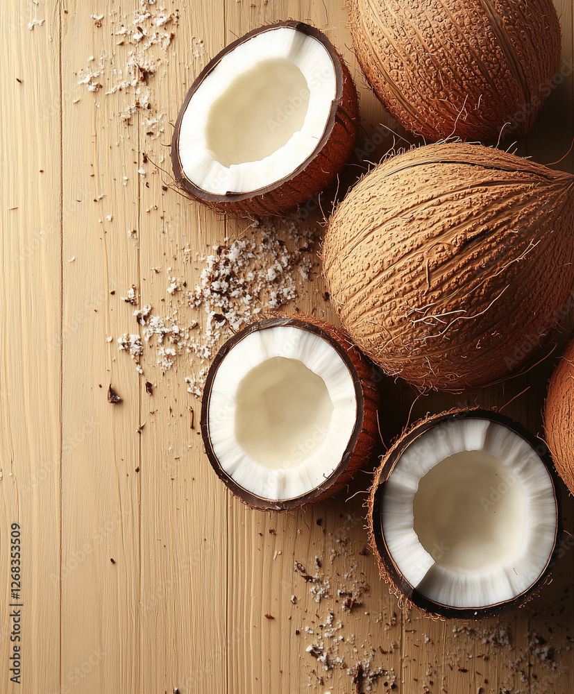 Coconuts on wooden surface with salt, showcasing natural textures and colors. image captures essence of tropical ingredients, perfect for culinary themes Coconuts on wooden surface with salt, showcasing natural textures and colors. image captures essence of tropical ingredients, perfect for culinary themes