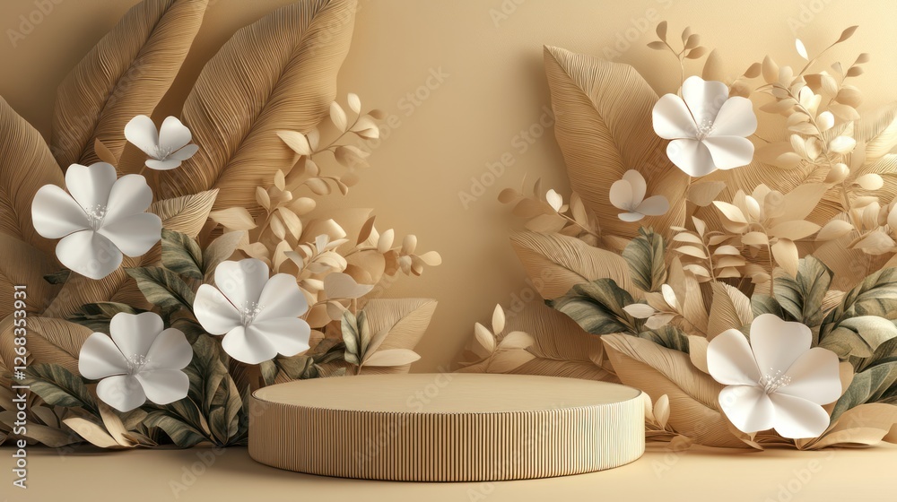Beige platform, floral background, product display, studio Beige platform, floral background, product display, studio