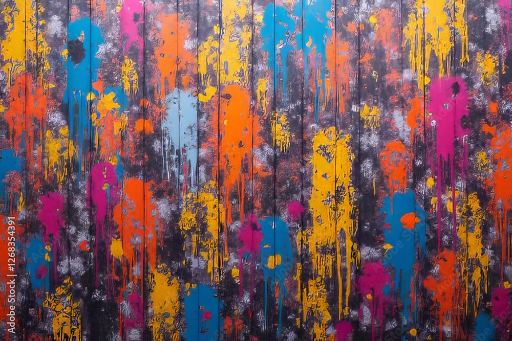 Vibrant Colorful Paint Splashes on Dark Wood Paneling Background Vibrant Colorful Paint Splashes on Dark Wood Paneling Background